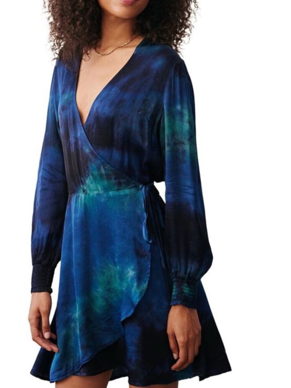 Bella Dahl Blue and Green Tie-Dye Wrap Dress with Long Sleeves🆕NWT